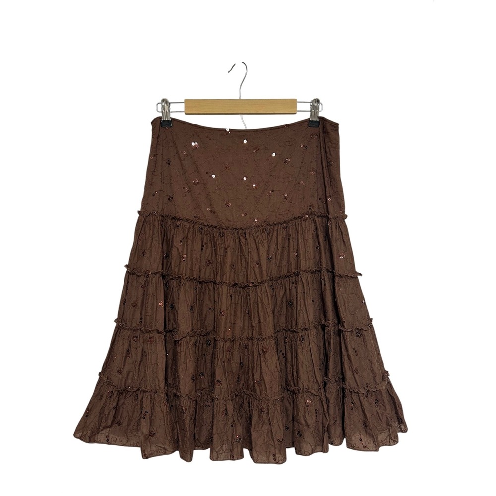 Y2K Bohemian Cotton Brown Ruffle Embroidery Sequins Side Zipper Midi Skirt L